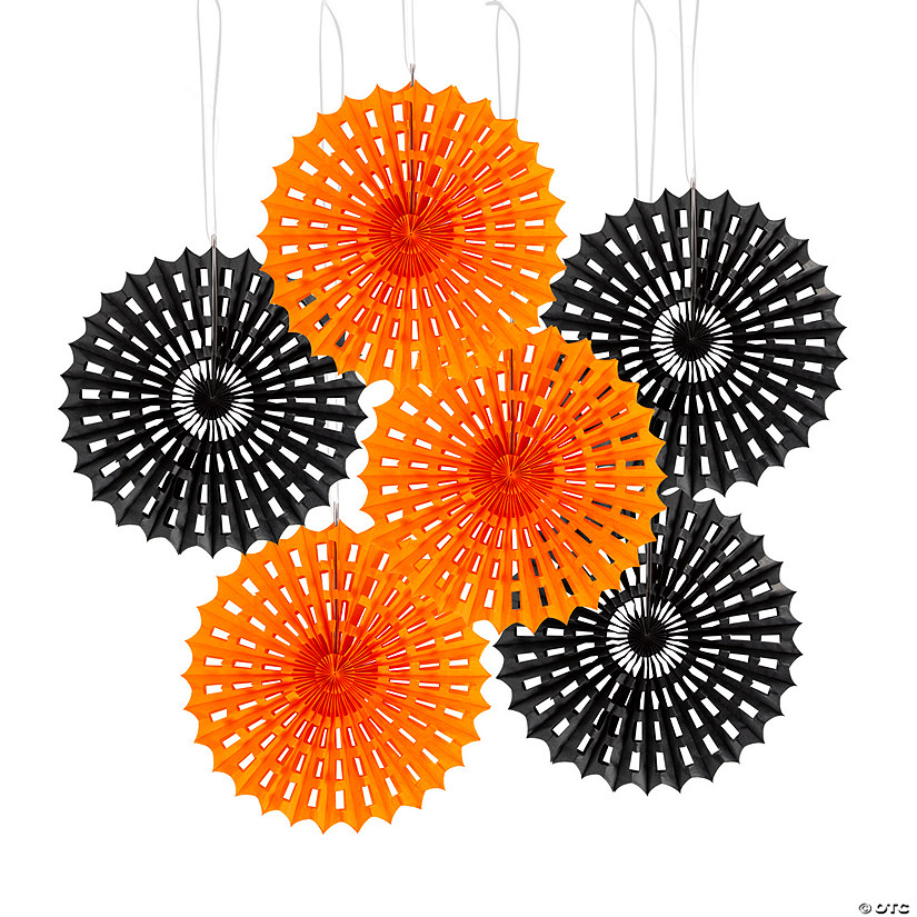 14" Black & Orange Spider Web Hanging Tissue Paper Fans - 6 Pc. Image