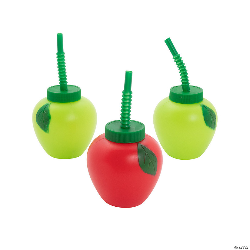 14 oz. Apple-Shaped Green & Red Reusable BPA-Free Plastic Cups with Lids & Straws- 12 Ct. Image