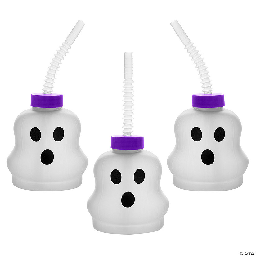 14 oz. Ghost-Shaped Frosted Reusable BPA-Free Plastic Cups with Lids & Straws - 12 Ct. Image
