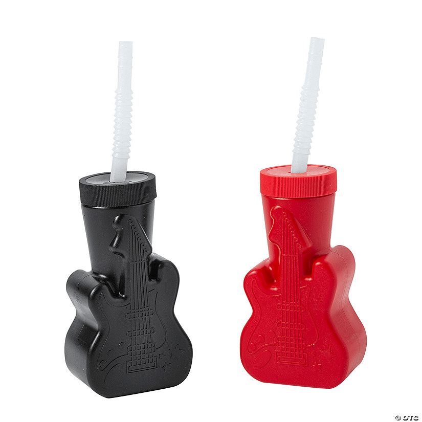 14 oz. Guitar-Shaped Reusable BPA-Free Plastic Cups with Lids & Straws - 12 Ct. Image