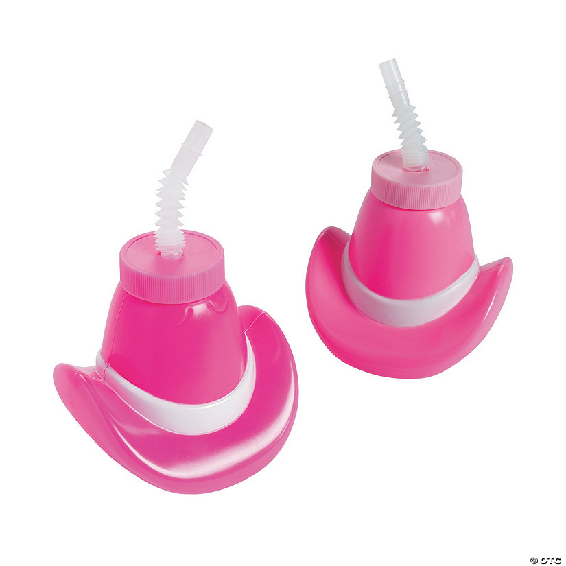 14 oz. Molded Pink Cowgirl Hat Reusable BPA-Free Plastic Cups with Lids & Straws - 12 Ct. Image