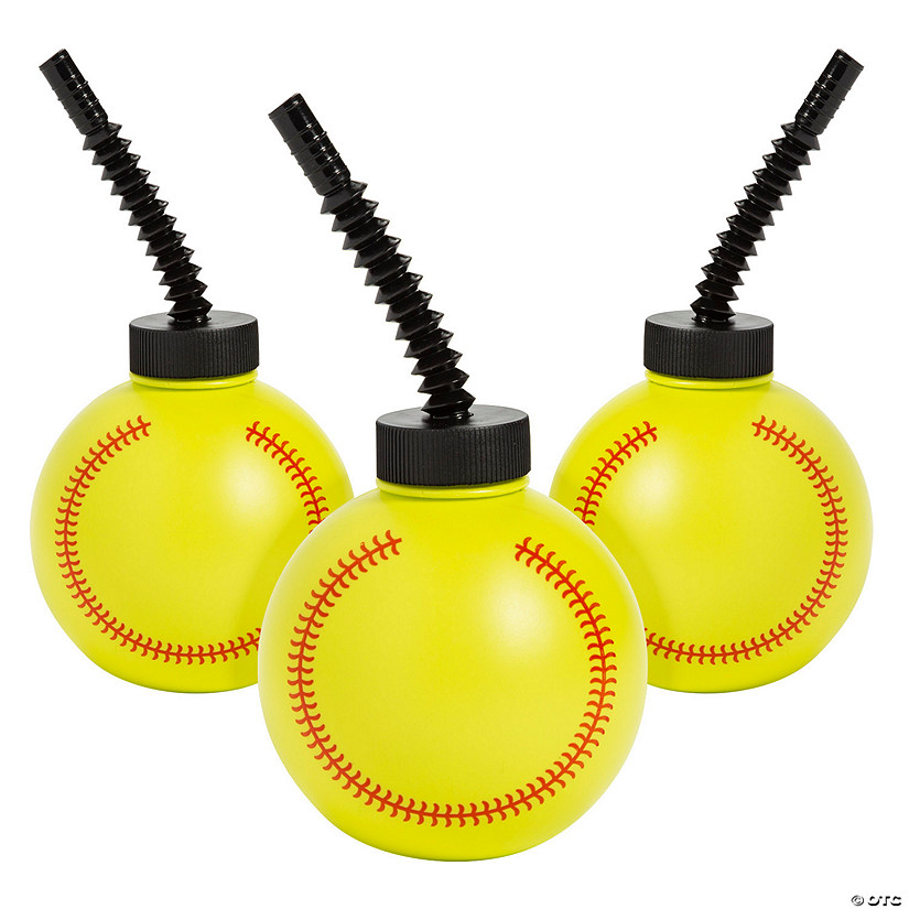 14 oz. Softball Reusable BPA-Free Plastic Cups with Lids & Straws &#8211; 8 Ct. Image
