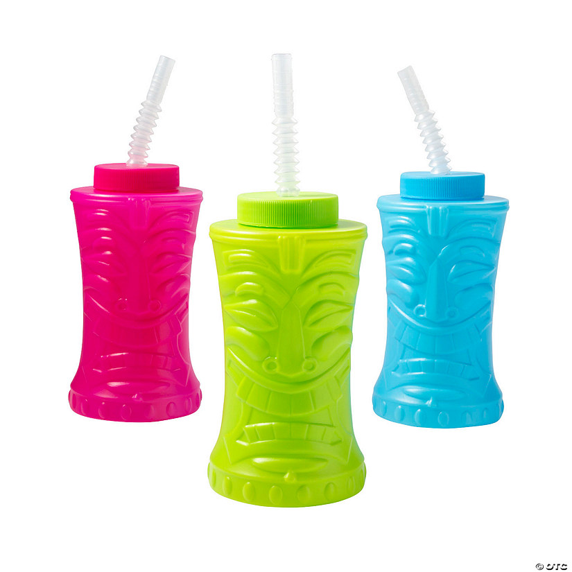 14 oz. Tiki Reusable Plastic Cups with Lids & Straws - 12 Ct. Image