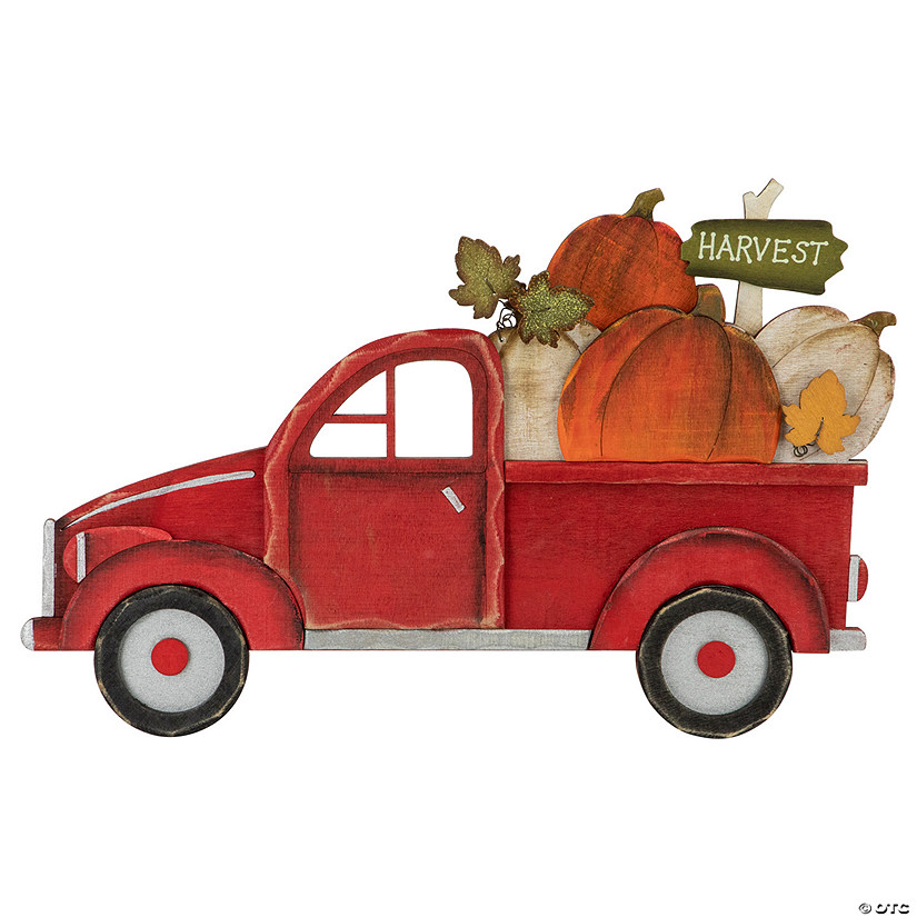 14" Red Truck with Pumpkins Fall Harvest Sign Decoration Image