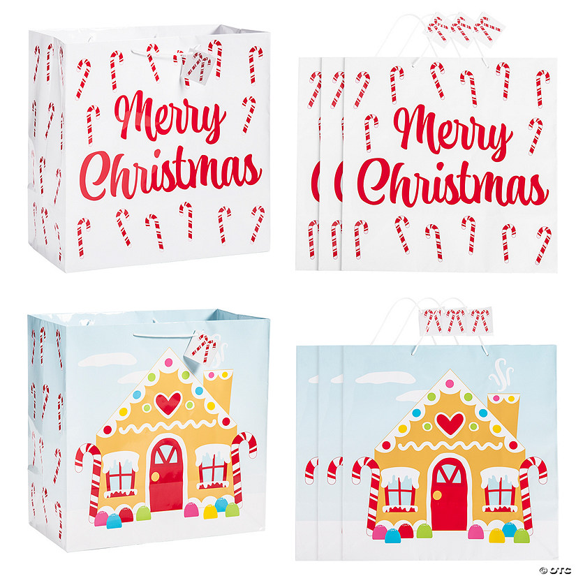 15" x 15" Large Christmas Gingerbread & Candy Cane Paper Gift Bags with Tags - 6 Pc. Image