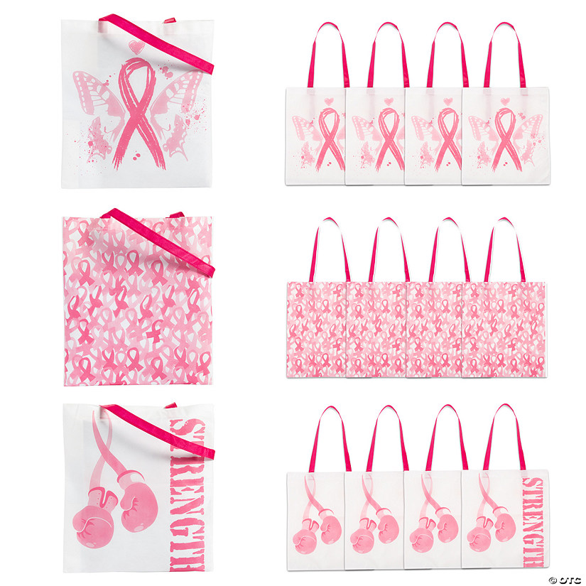15" x 17" Large Nonwoven Pink Ribbon Tote Bags - 12 Pc. Image