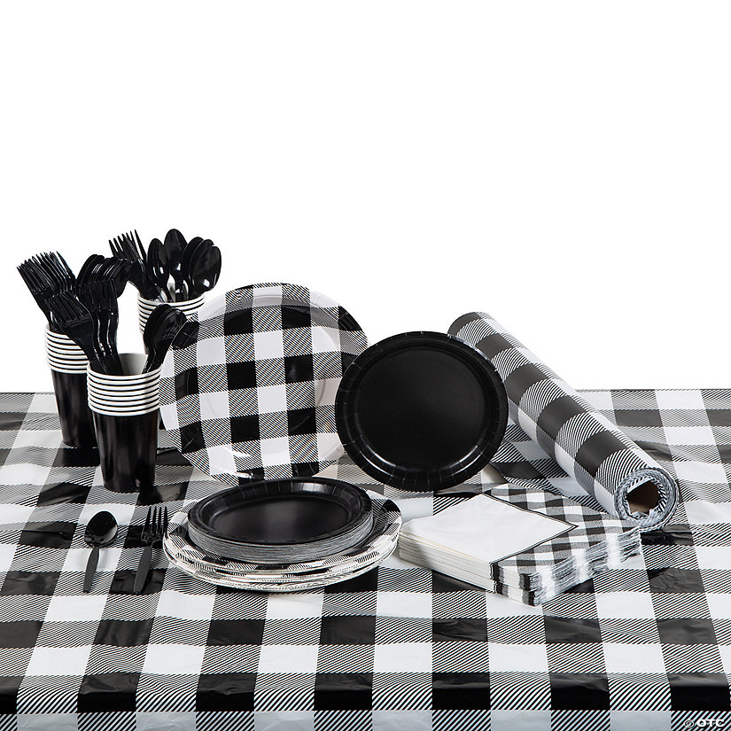 153 Pc. Black & White Buffalo Plaid Tableware Kit for 24 Guests Image
