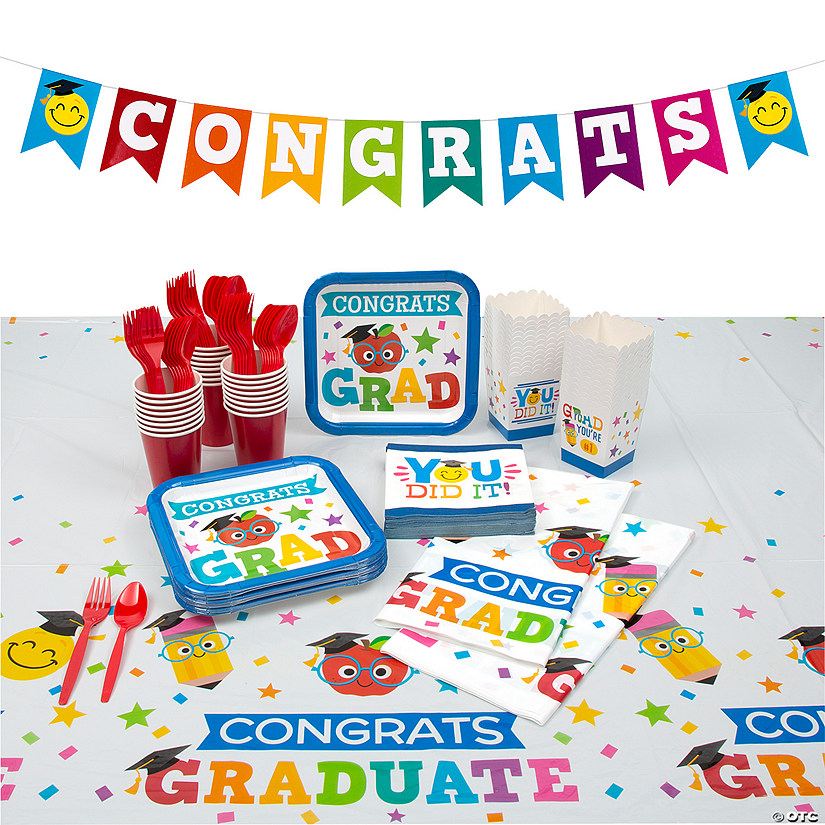 156 Pc. Elementary Graduation Deluxe Disposable Tableware Kit for 24 Guests Image