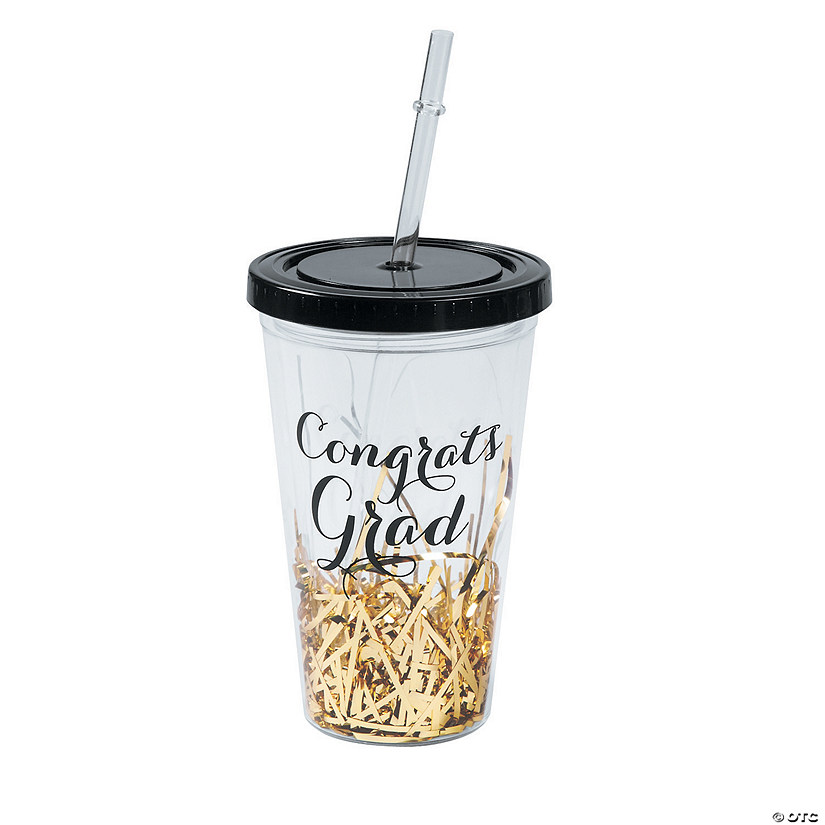 16 oz. Black & Gold Graduation Reusable Plastic Tumbler with Straw & Lid Image