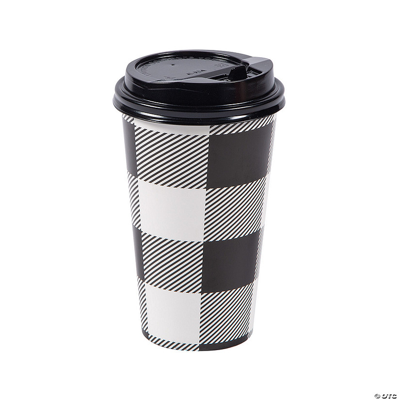 16 oz. Black Buffalo Plaid Disposable Paper Coffee Cups with Lids - 12 Ct. Image