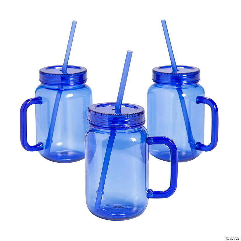 16 oz. Blue Reusable Plastic Jar Mugs with Lids & Straws - 6 Ct. Image