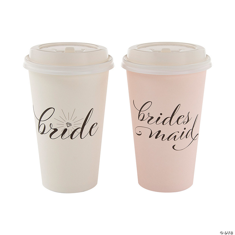 16 oz. Bride & Bridesmaid Small Disposable Paper Coffee Cups with Lids & Sleeves - 12 Ct. Image