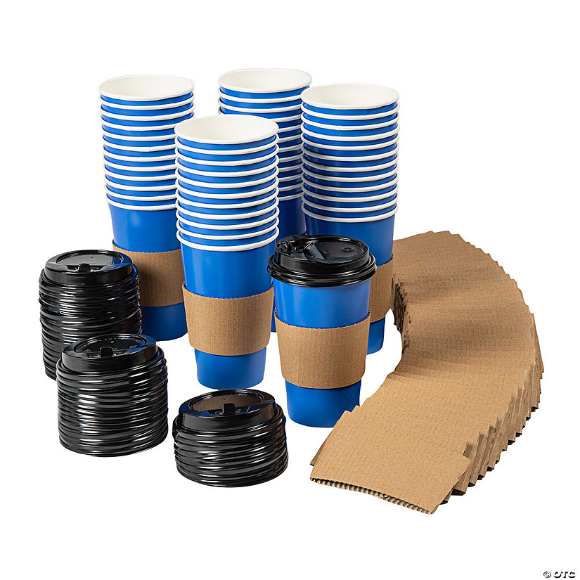 16 oz. Bulk 48 Ct. Blue Disposable Paper Coffee Cups with Lids & Sleeves Image