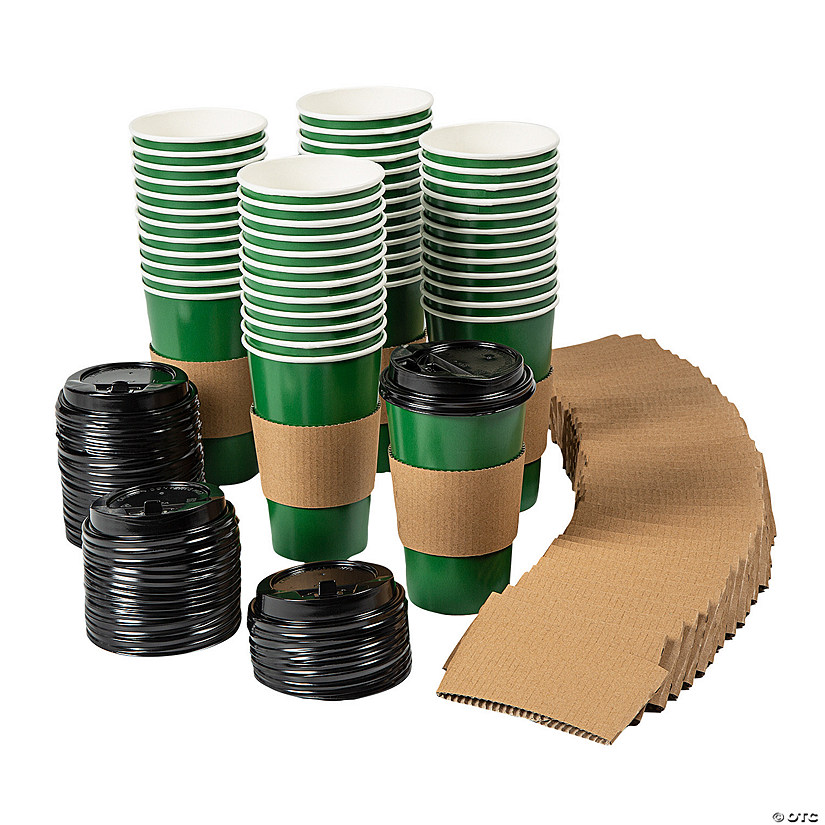 16 oz. Bulk 48 Ct. Green Disposable Paper Coffee Cups with Lids & Sleeves Image