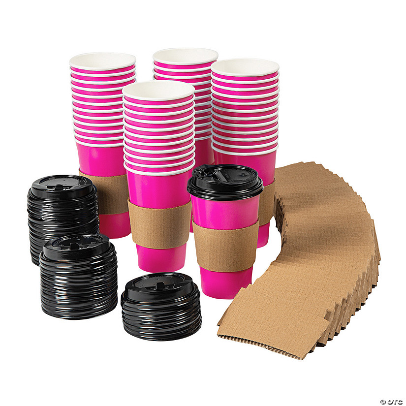 16 oz. Bulk 48 Ct. Pink Disposable Paper Coffee Cups with Lids & Sleeves Image
