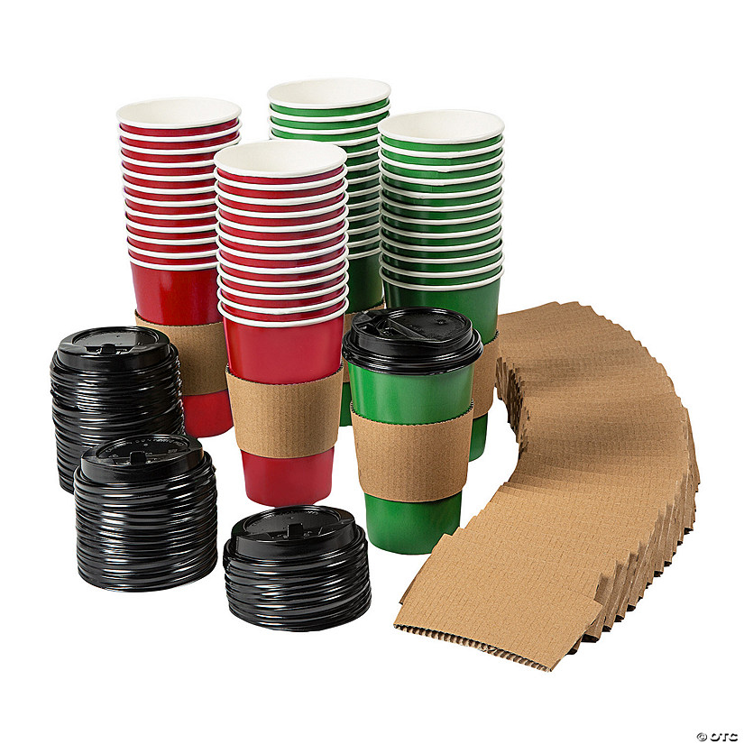 16 oz. Bulk 48 Ct. Red & Green Disposable Paper Coffee Cups with Lids & Sleeves Image