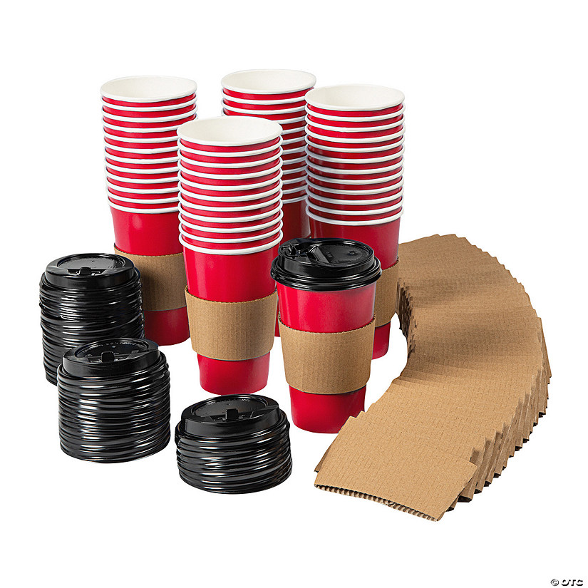 16 oz. Bulk 48 Ct. Red Disposable Paper Coffee Cups with Lids & Sleeves Image
