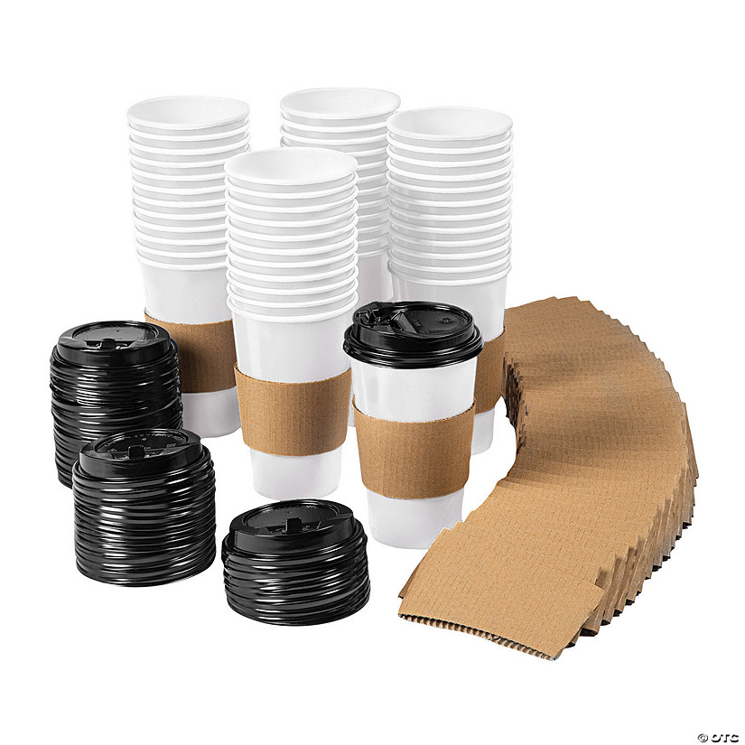 16 oz. Bulk 48 Ct. White Disposable Paper Coffee Cups with Lids & Sleeves Image