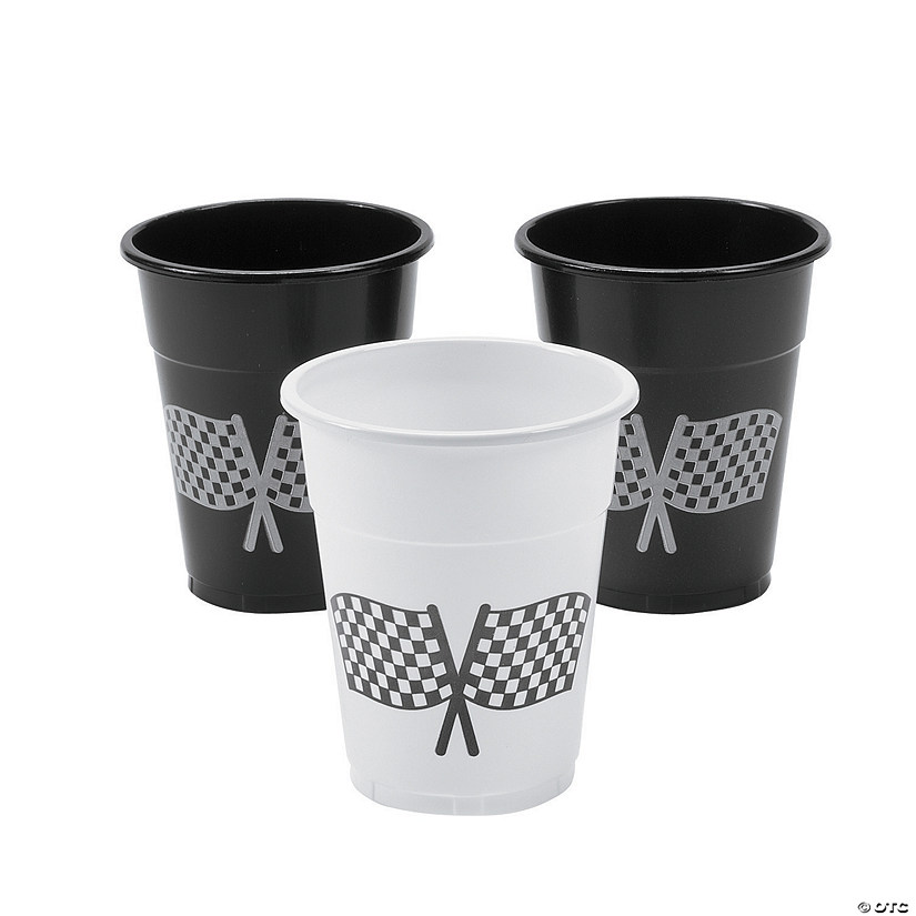 16 oz. Bulk 50 Ct. Checkered Flag Black & White Disposable Plastic Cups Image