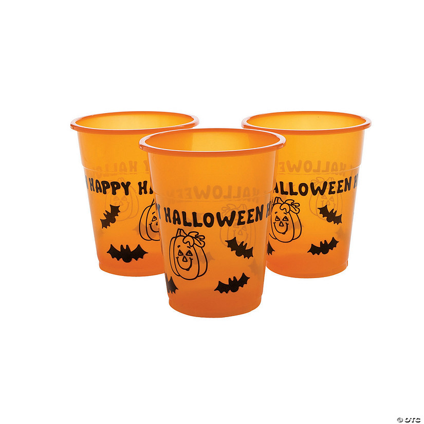 16 oz. Bulk 50 Ct. Happy Halloween Pumpkin & Bats Disposable Plastic Cups Image