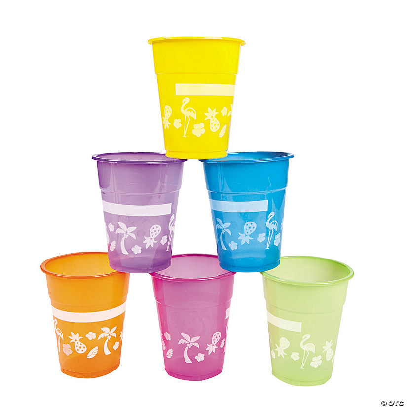 16 oz. Bulk 50 Ct. Luau Palm Tree, Pineapple & Flamingo Colored Disposable Plastic Cups Image
