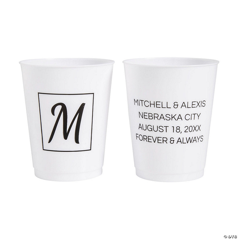16 oz. Bulk 50 Ct. Personalized Double-Sided Modern Monogram Reusable Plastic Cups Image