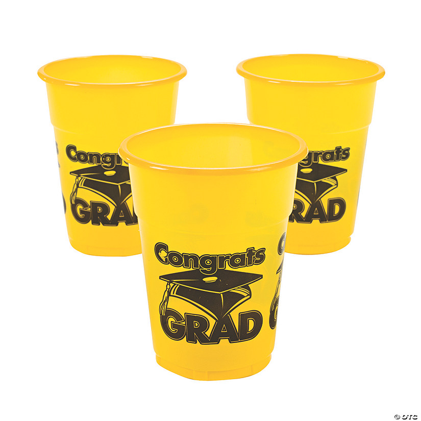 16 oz. Bulk 50 Ct. Yellow Congrats Grad Cap & Tassel Disposable Plastic Cups Image