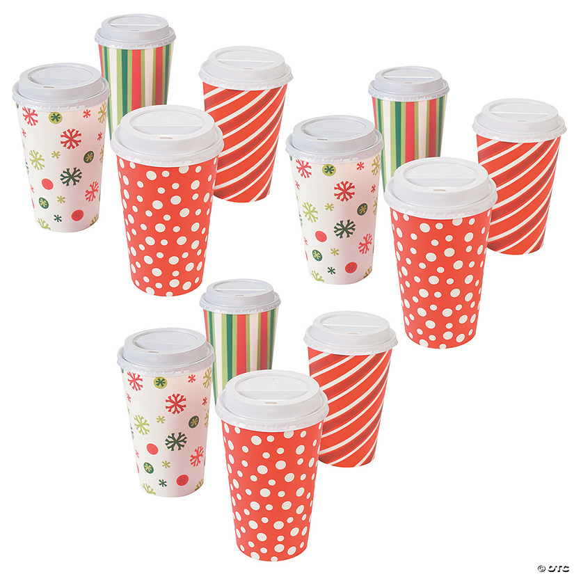 16 oz. Bulk 60 Ct. Bright Christmas Pattern Disposable Paper Coffee Cups with Lids Image
