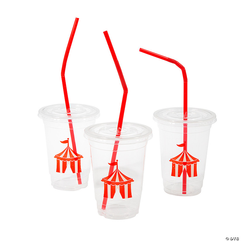 16 oz. Clear Carnival Disposable Plastic Cups with Lids & Straws - 24 Ct. Image