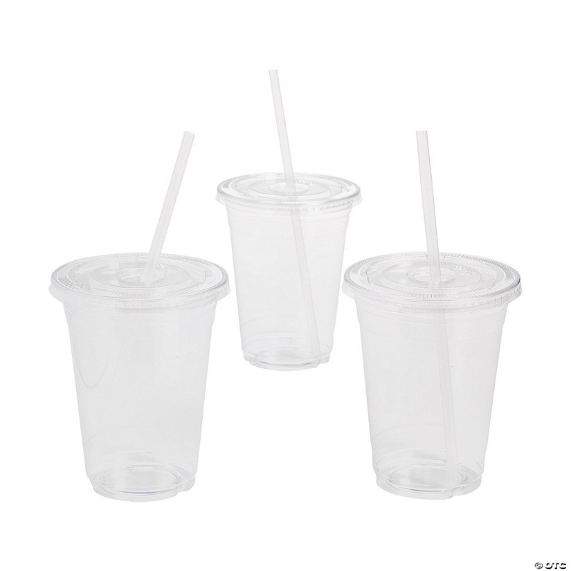 16 oz. Clear Disposable Plastic Cups with Lids & Straws - 24 Ct. Image