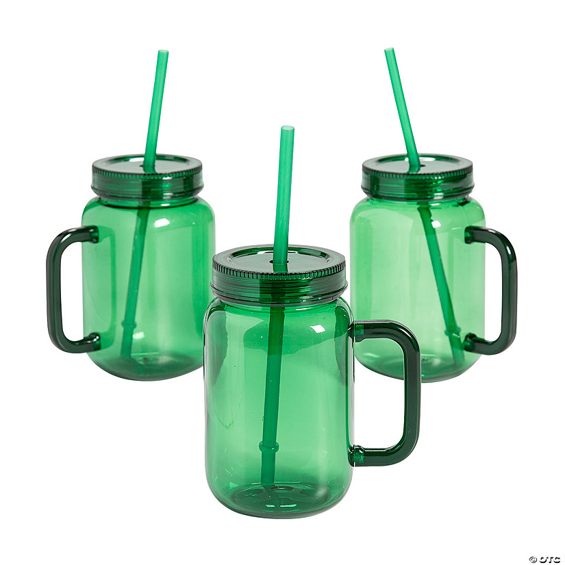 16 oz. Green Reusable Plastic Jar Mugs with Lids & Straws - 6 Ct. Image