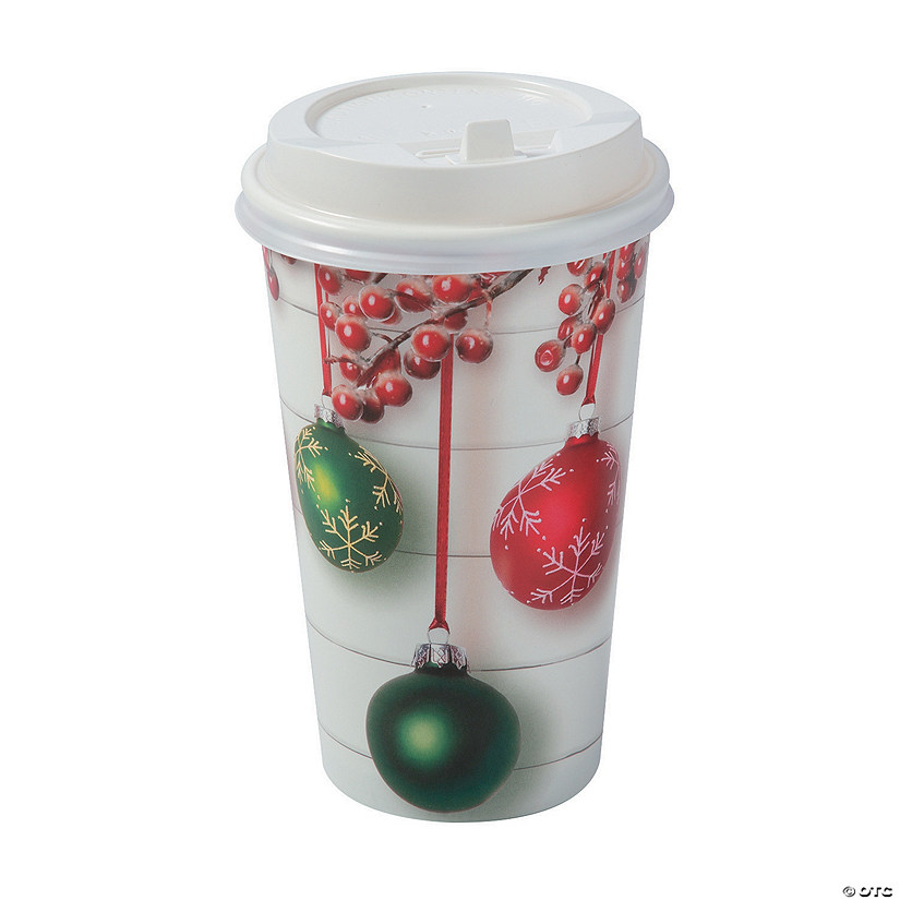16 oz. Holiday Shiplap Ornament Bulb & Holly Coffee Disposable Paper Cups with Lids - 12 Ct. Image