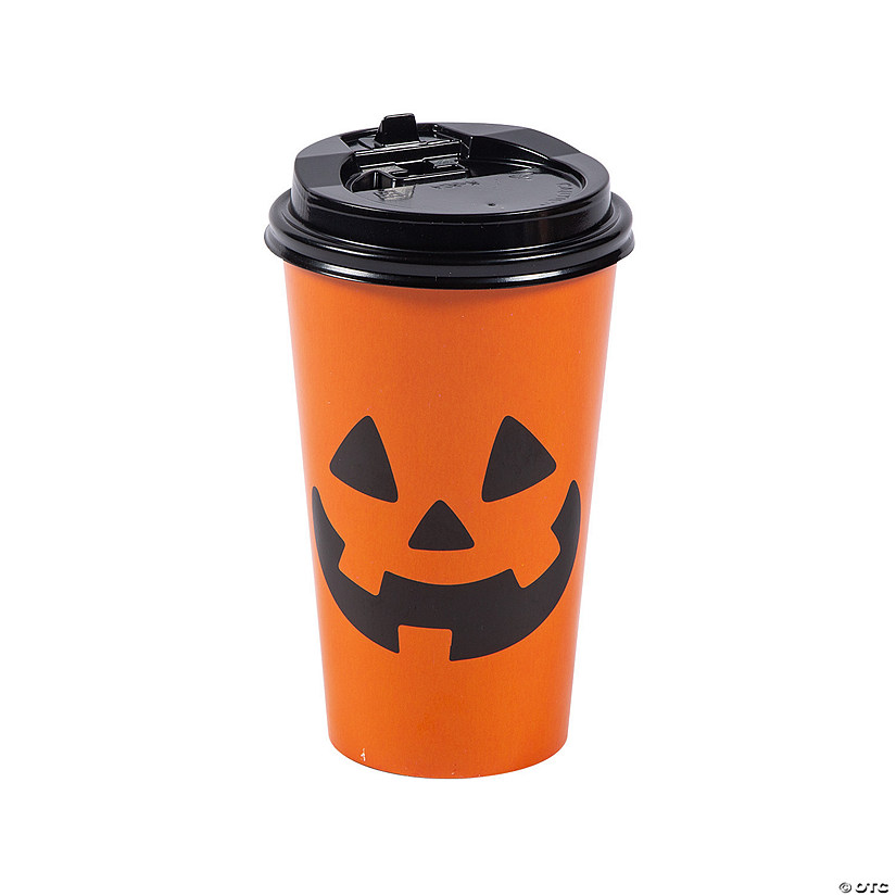 16 oz. Jack-O&#8217;-Lantern Disposable Paper Coffee Cups with Lids - 12 Ct. Image