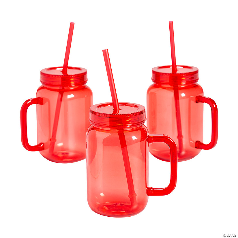 16 oz. Red Reusable Plastic Jar Mugs with Lids & Straws - 6 Ct. Image
