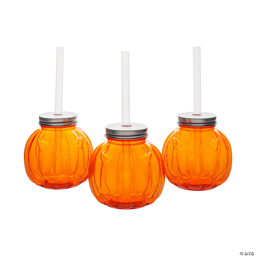 17 oz. Jack-O&#8217;-Lantern-Shaped Reusable BPA-Free Plastic Cups with Lids & Straws - 12 Ct. Image