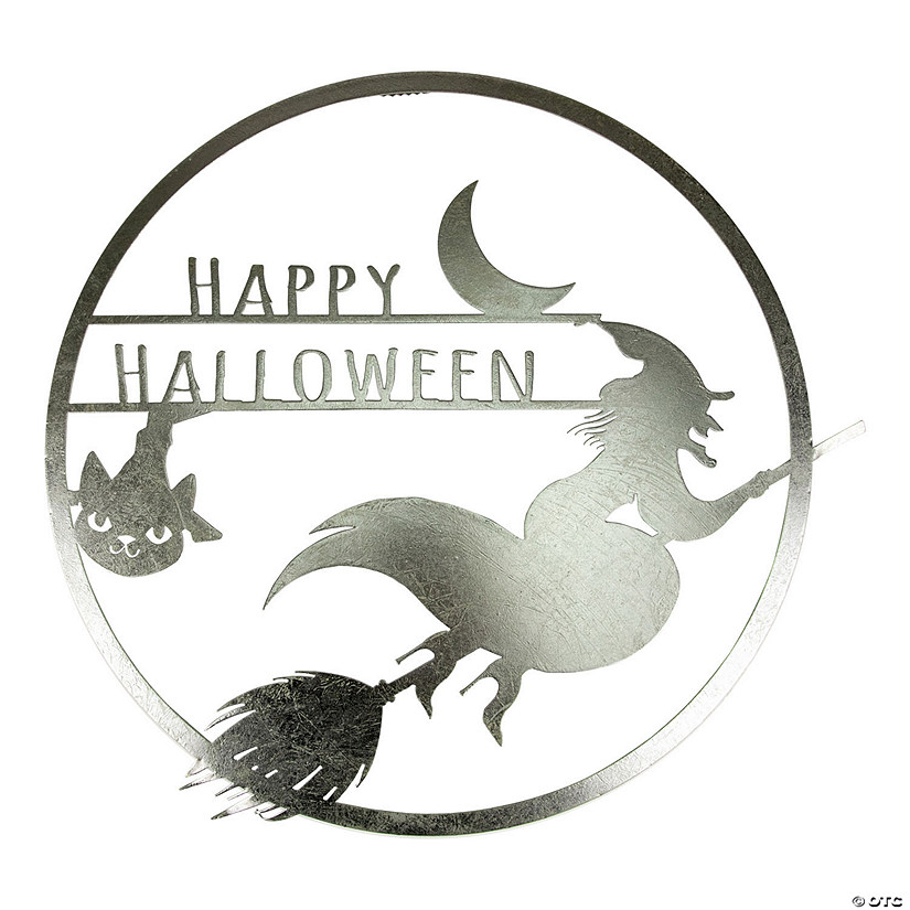 17" Silver Flying Witch Happy Halloween Wall Sign Image