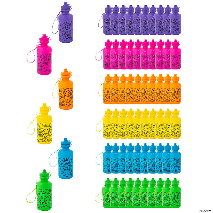18 oz. Bulk 60 Ct. Smile Face Neon Reusable Plastic Water Bottles Image