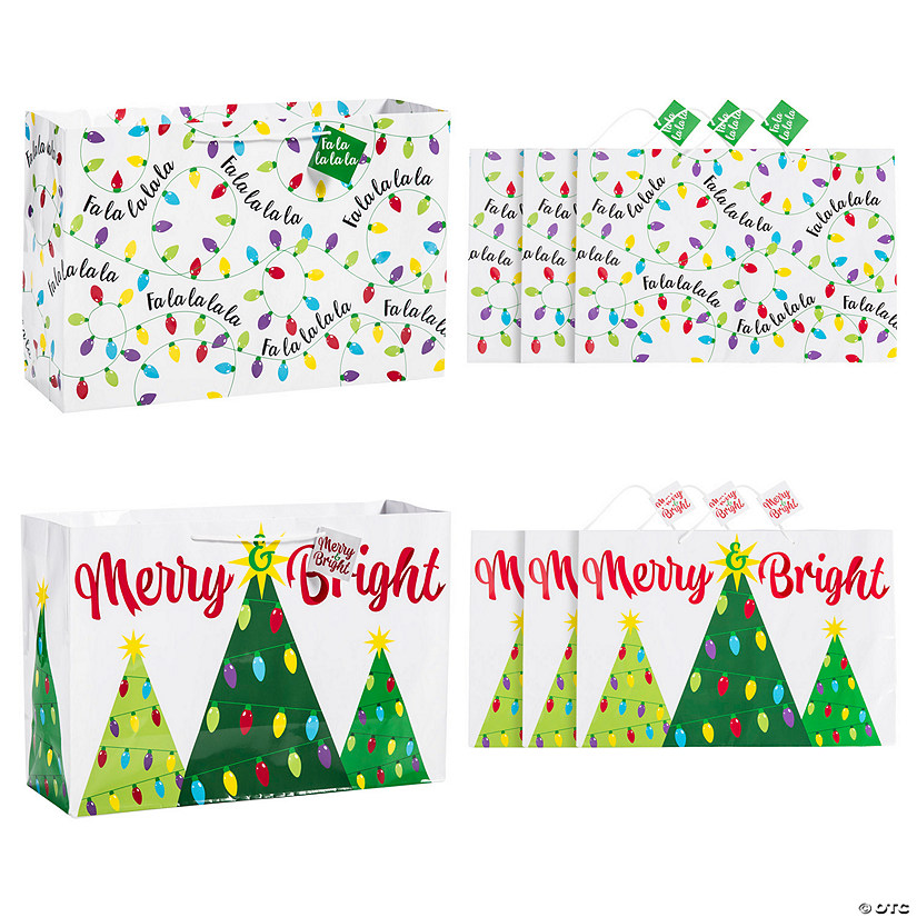 18" x 12" Large Christmas Trees & Lights Paper Gift Bags with Tags - 6 Pc. Image