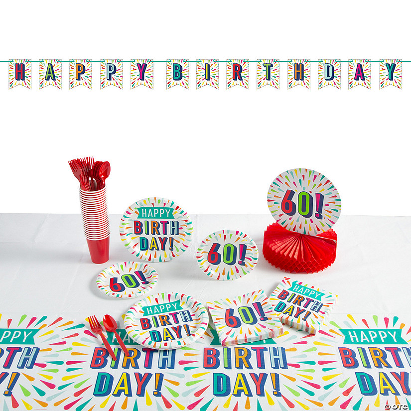 189 Pc. 60th Birthday Burst Party Tableware Kit for 24 Guests Image