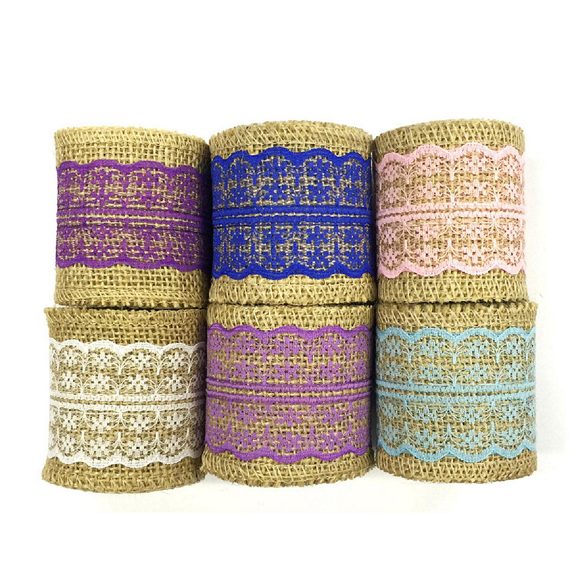 2 1/2" - Wrapables Pastel Colors 12 Yards Total Vintage Natural Burlap Lace Ribbon (6 Rolls) Image