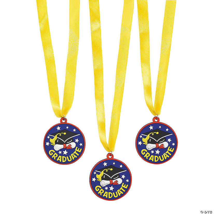 2" Graduate Hat & Diploma Blue & Yellow Plastic Award Medals - 12 Pc. Image