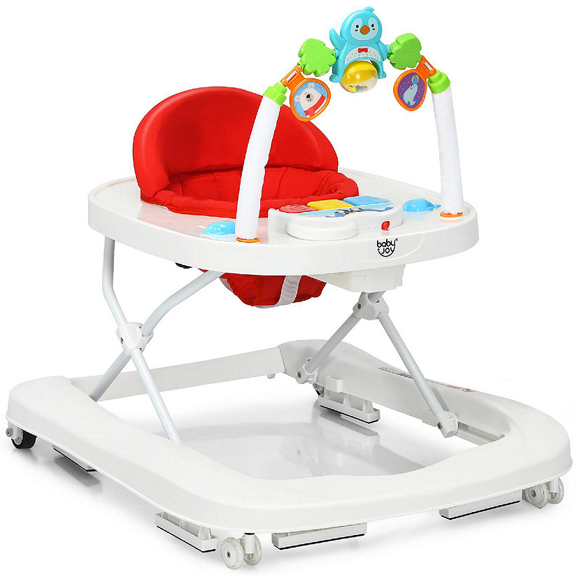 2-in-1 Foldable Baby Walker w/ Adjustable Heights & Detachable Toy Tray Red Image