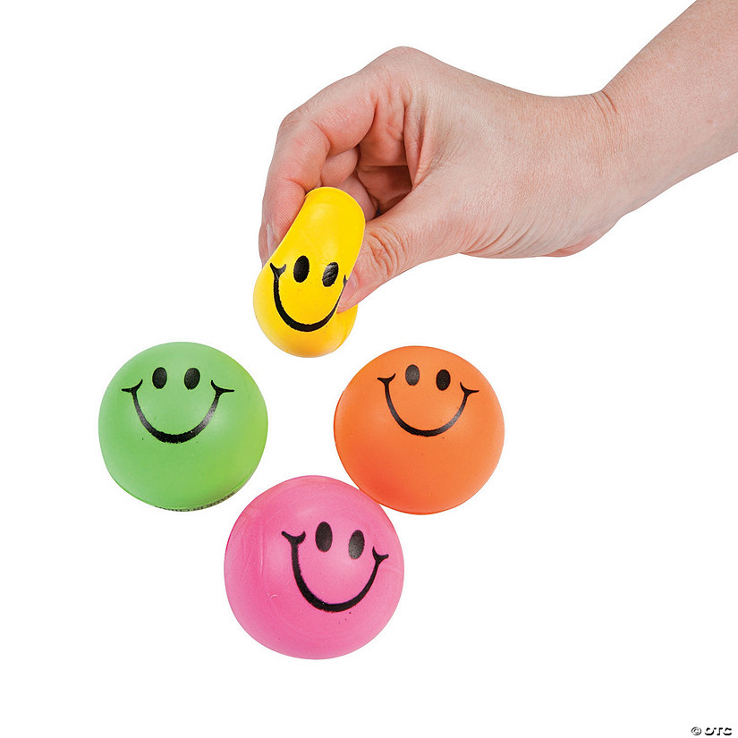 2" Mini Neon Smile Face Solid Color Foam Stress Balls - 24 Pc. Image