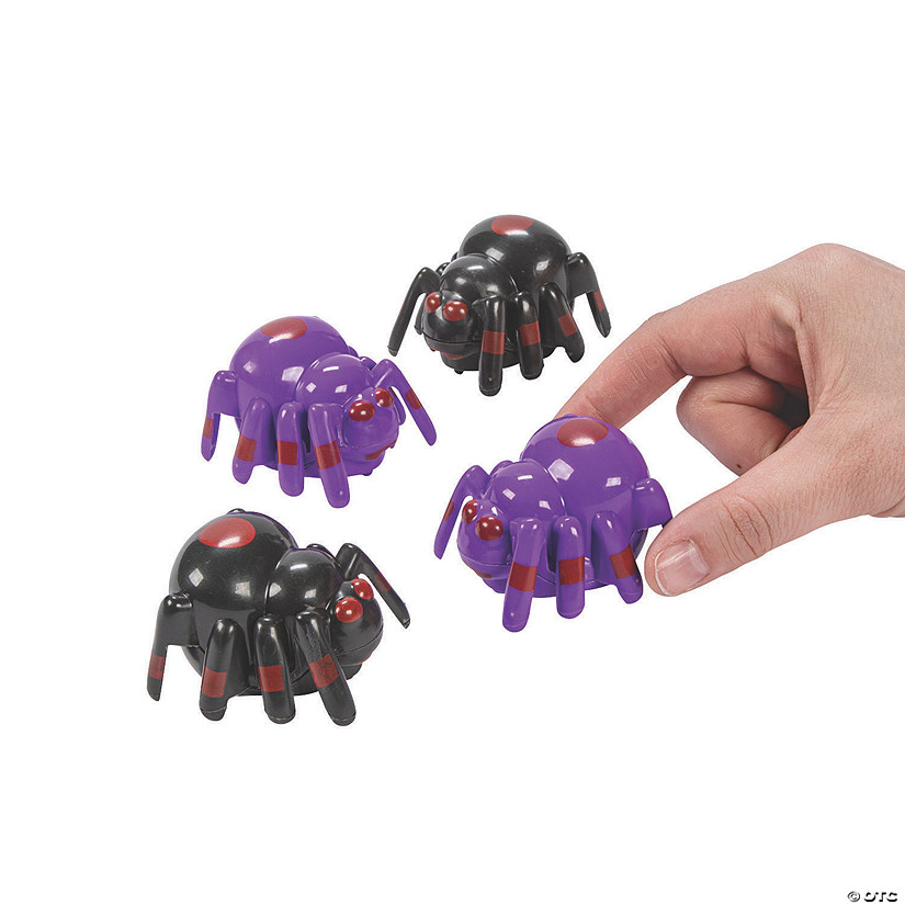 2" x 1 1/2" Mini Halloween Black & Purple Plastic Spider Pull-Back Toys - 12 Pc. Image