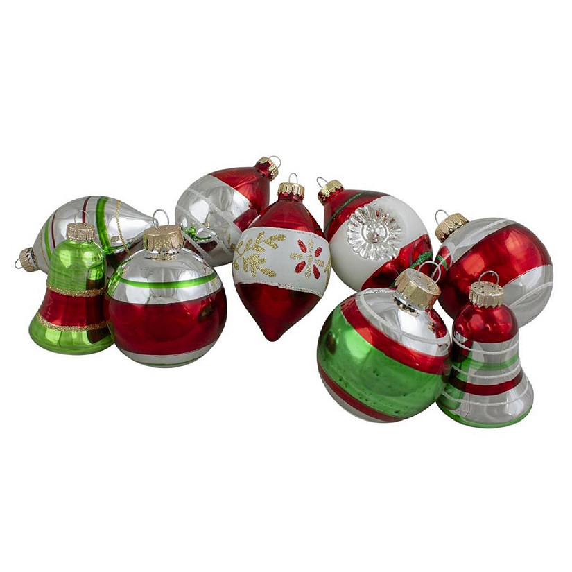 2 x 3.5 in. Shiny Silver and Red and Glittered Striped Various Shaped Glass Christmas Ornaments - 9 Piece Image