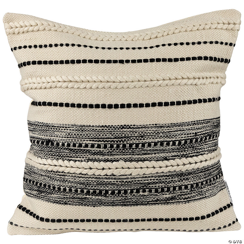 20" Cream and Black Twisted Textured Block Handloom Woven Outdoor Square Throw Pillow Image