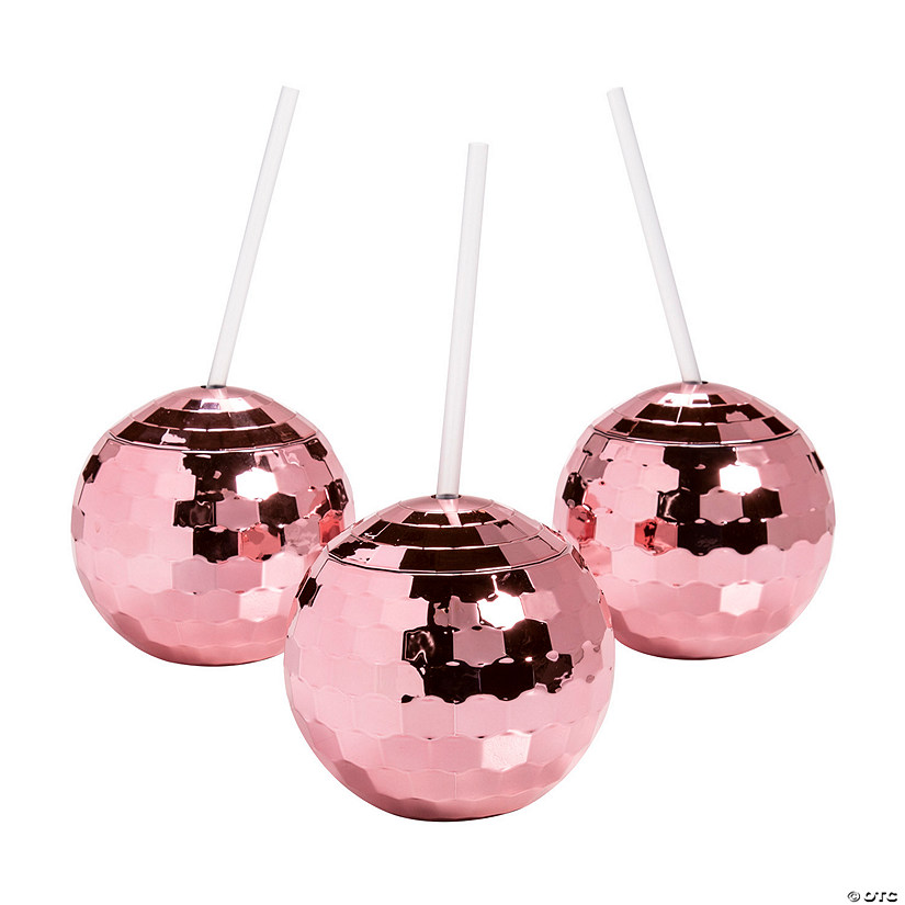 20 oz. Pink Disco Ball-Shaped Reusable BPA-Free Plastic Cups with Lids & Straws - 6 Ct. Image