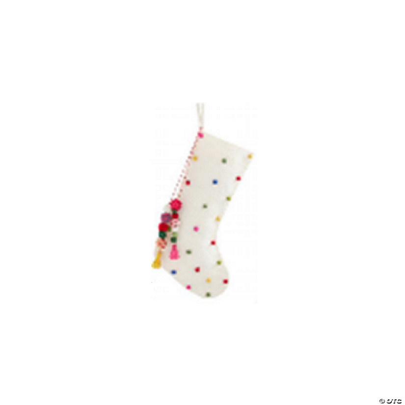 20" White Christmas Stocking with Multicolor Pom-Poms and Tassels Image
