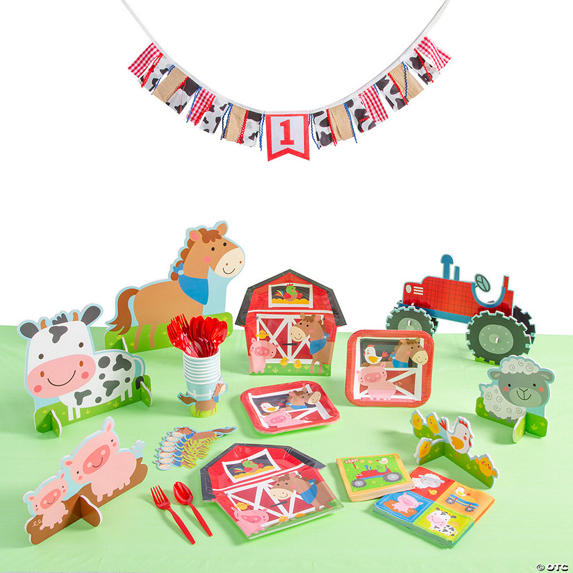 200 Pc. Farm Party 1st Birthday Disposable Tableware Kit for 24 Guests Image