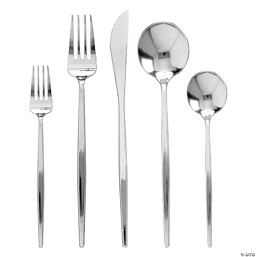 200 Pc. Shiny Silver Moderno Disposable Plastic Cutlery Set - Spoons, Forks, Knives, Dessert Spoons, and Dessert Forks (40 Guests) Image